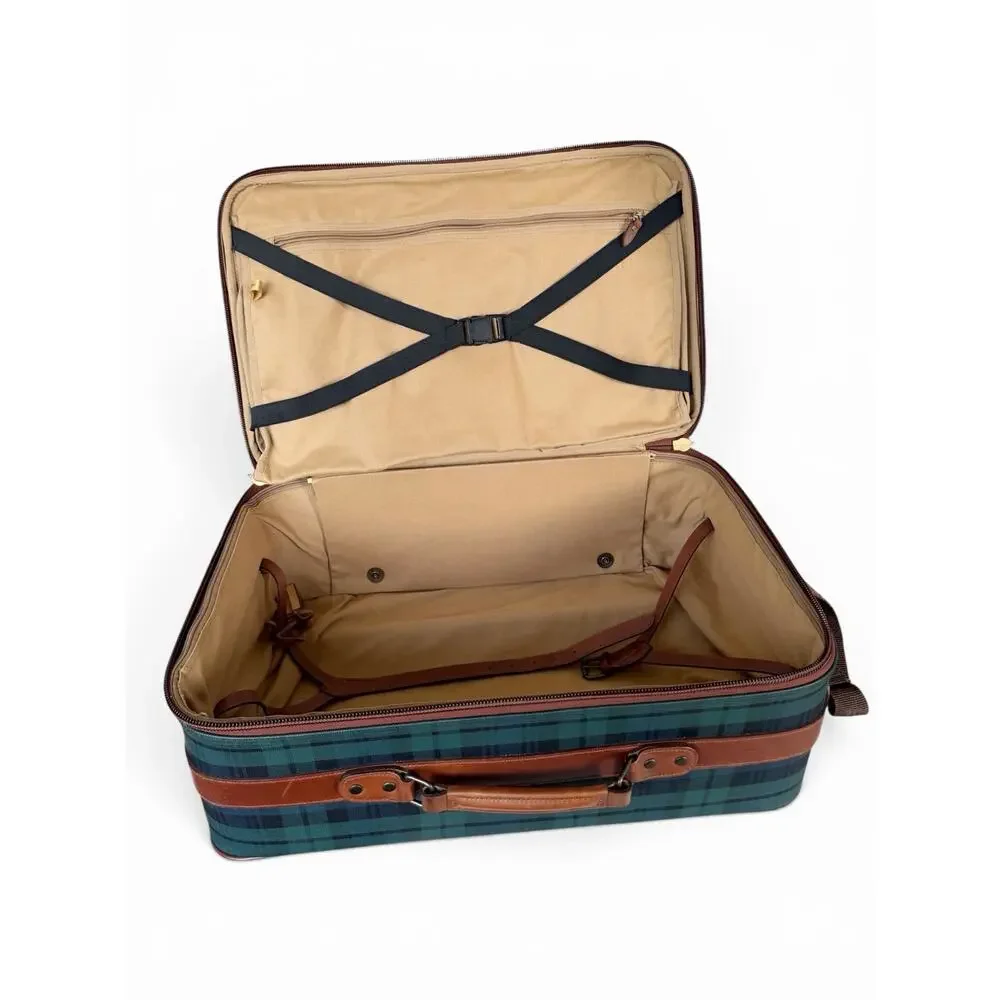 Polo Ralph Lauren Blackwatch Plaid Carry On Luggage Suitcase Leather Navy Green